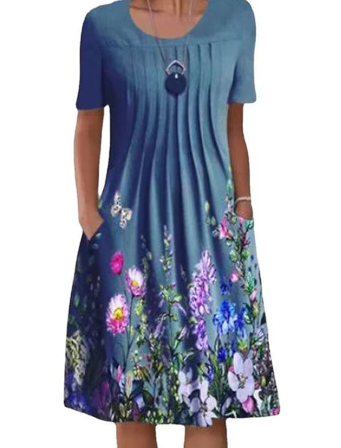 Spring/Summer Flower Printed Round Neck Pocket Mid length Dress for Women's Clothing m300037