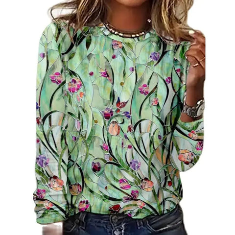 Long Sleeve T-Shirt Women's Solid Color Flower m300934