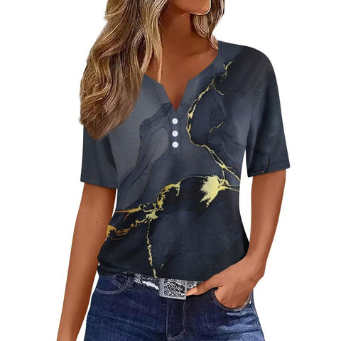 V-neck three-button 3D printed short-sleeved women's top m300617