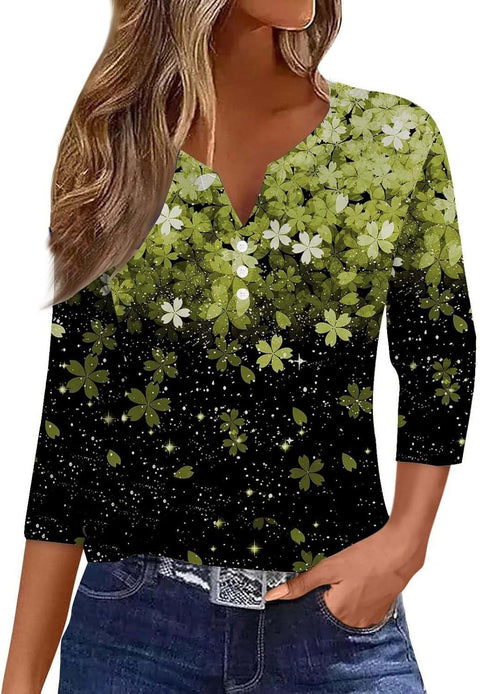 V-neck three-button seven-quarter sleeves, floral smudge printing, fashionable and casual loose women's clothing m300565