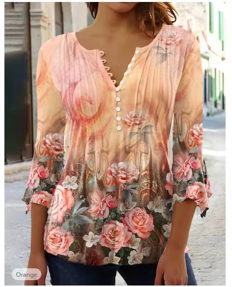 Printed V-neck short sleeve pleated button T-shirt bottoming shirt m300032