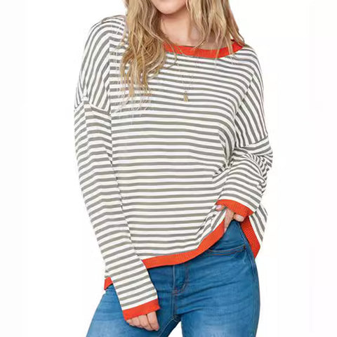 Striped Contrast Design Shoulder Long Sleeve Top m300491