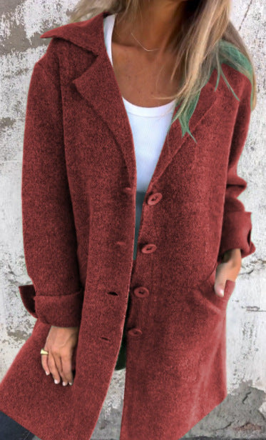 Women's solid color lapel with pocket cardigan single-breasted medium and long coat m300614