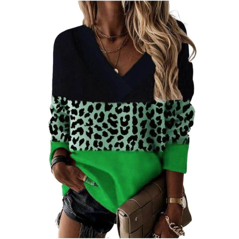 Autumn and winter new v-neck leopard print splicing long-sleeved sweater m300551