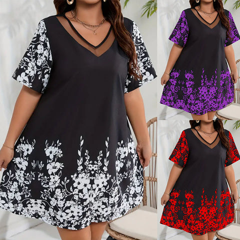 Loose Comfort and Casual Printed Stitching Mesh Short Sleeve Dress M300199