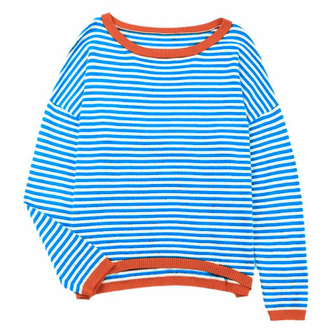 Striped Contrast Design Shoulder Long Sleeve Top m300491