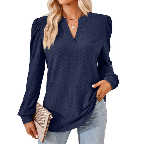 Solid color V-neck jacquard long-sleeved loose T-shirt top m300402