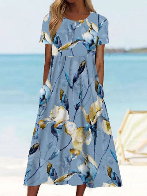 Summer new mid-waist ladies & casual round neck printed swing dress m300040