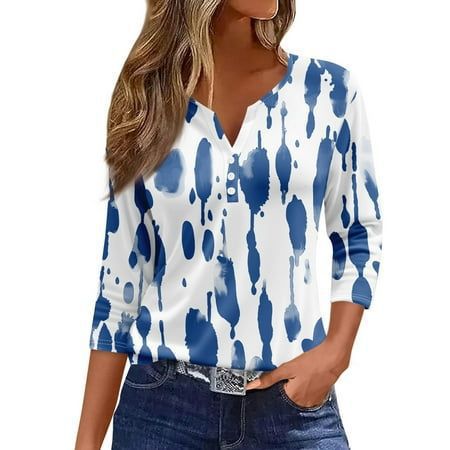 V-neck three-button seven-quarter sleeves, floral smudge printing, fashionable and casual loose women's clothing m300565