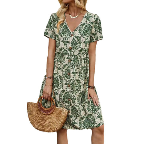 Fashion printed V-neck short-sleeved loose medium dress m301014