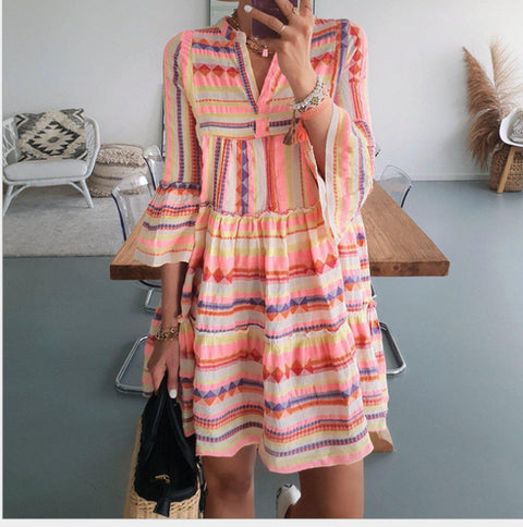 Printed dress loose V-neck chiffon pleated short skirt m300054