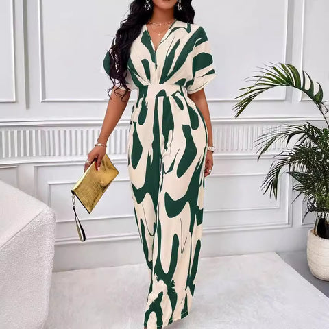 Women's full-body printed bat-sleeved wide-leg jumpsuit m300971