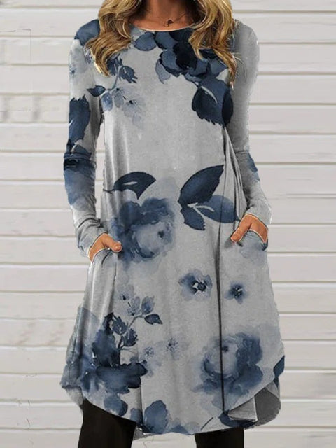 Floral Round Neckline Long Sleeve Knee Length A line Dress m161512268 (5829249)