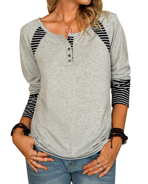 Women's Long-Sleeved Printed Striped Casual T-shirt Top Female M300352