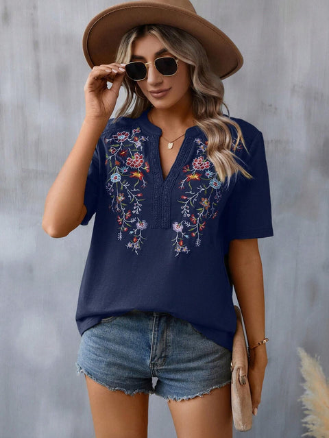 10,000-Needle Embroidered Splicing Lace Top Women's T m300884