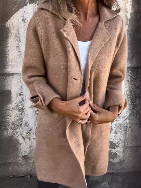 Women's solid color lapel with pocket cardigan single-breasted medium and long coat m300614