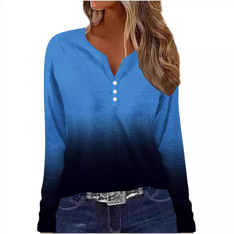 Printed V-neck V-neck three-button long-sleeved T-shirt m300618