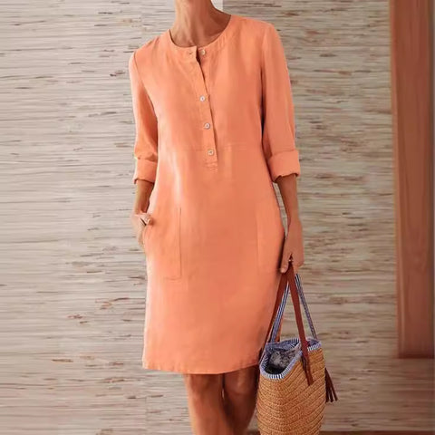 Cotton and linen round neck long sleeved dress m300061