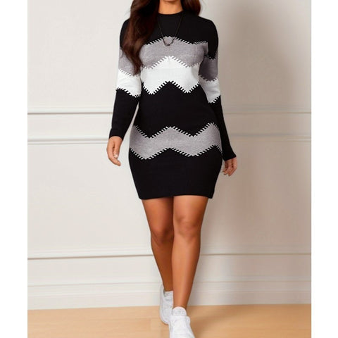 Mid-Length Skirt round Neck Long Sleeve Printed Knitted Sheath Dress M300204