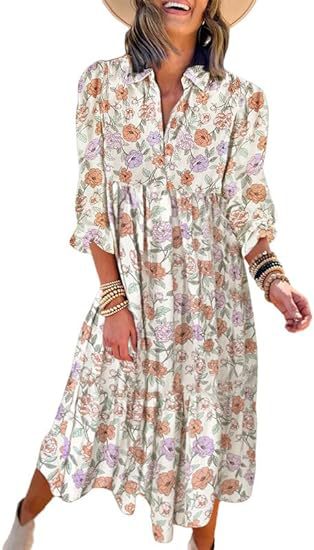 Loose long-sleeved V-neck women's bohemian floral elegant A-shaped dress m300573