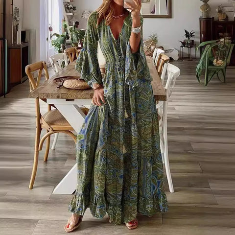 Bohemian Flared Sleeve Printed V-Neck High Waist Vacation Dress m300709