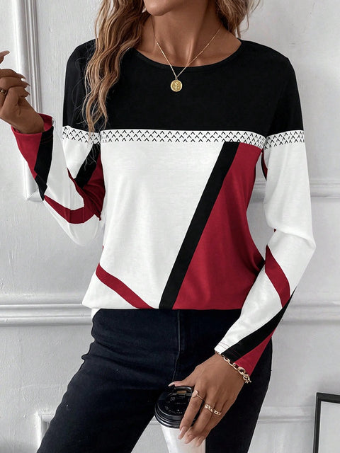 Pullover round neck contrasting color splicing geometric printed top women's T-shirt m300874