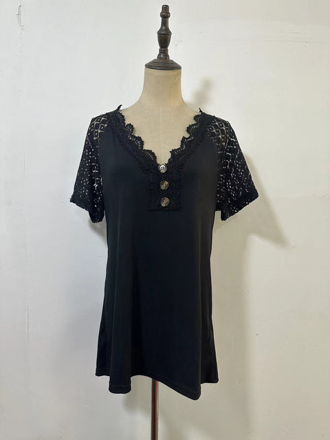 Comfort and Casual Lace Short Sleeve Stitching V-neck Pullover M300159