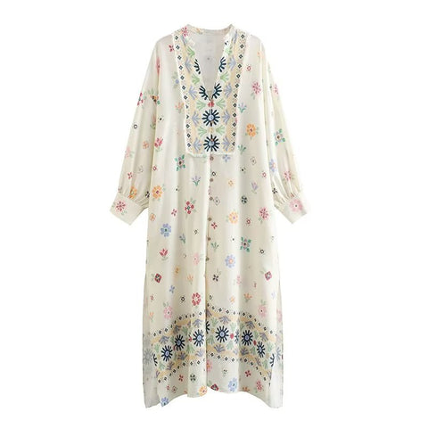 Linen blend printed dress m300692