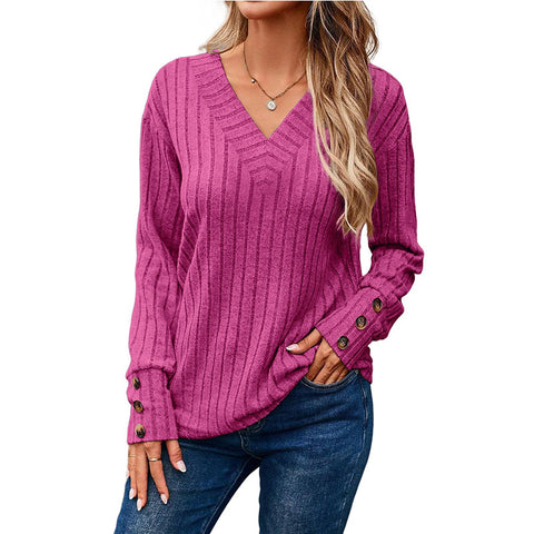 Women's Long Sleeve V-Neck Shirt Solid Color Button T-Shirt m300528