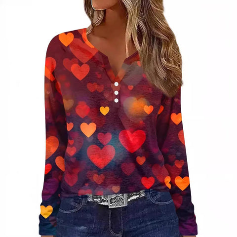 Printed V-neck V-neck three-button long-sleeved T-shirt m300618