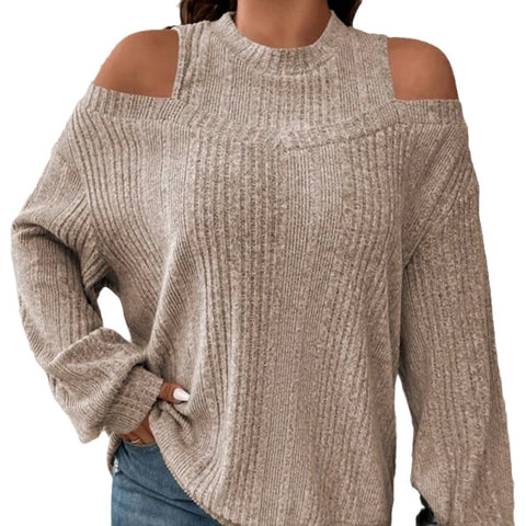 Casual Solid Color off-the-Shoulder Fashion Loose-Fitting Long Sleeves T-shirt Knitted Top M300351