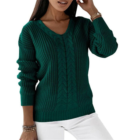 Sweater Women's Long Sleeve V-Neck Solid Color Twist Casual Knitted Pullover M300487