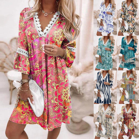 V-neck Printed Lace Stitching Bohemian Casual Vacation Style Dress M300213