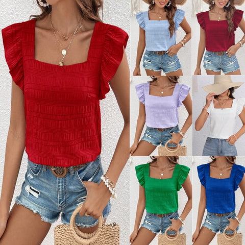 Versatile solid color square neck flying sleeve top women's m301001