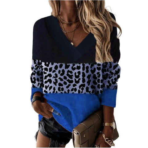 Autumn and winter new v-neck leopard print splicing long-sleeved sweater m300551