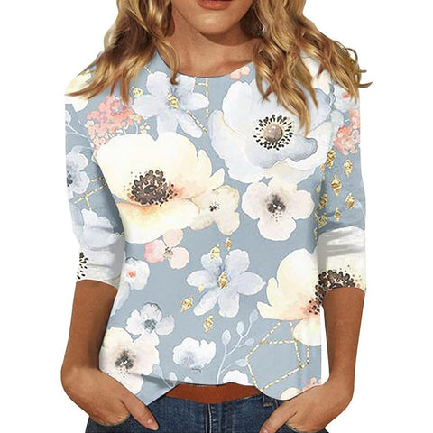 Seven-quarter sleeve plant flower 3D printing crew neck pullover m300615