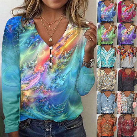 V-neck star tie-dye pearl button long-sleeved T-shirt sweater m300609