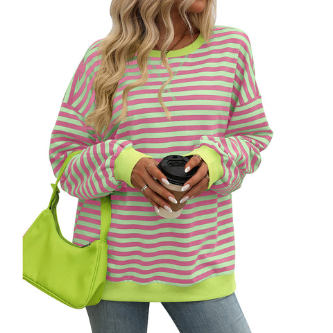 Color striped crew neck loose sweatshirt sweater women m300961