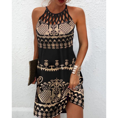 round Neck Hollow-out Collar Slim Fit Sleeveless Halter Printed Dress M300192