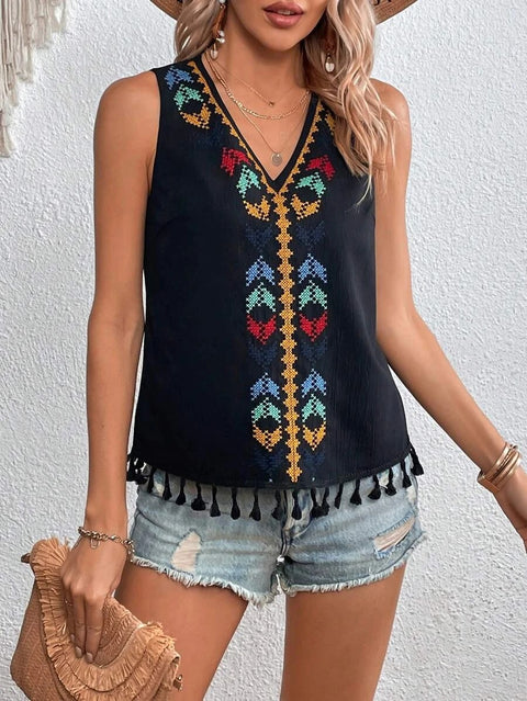 Ethnic style V-neck embroidered splicing hem beard vest top m301009