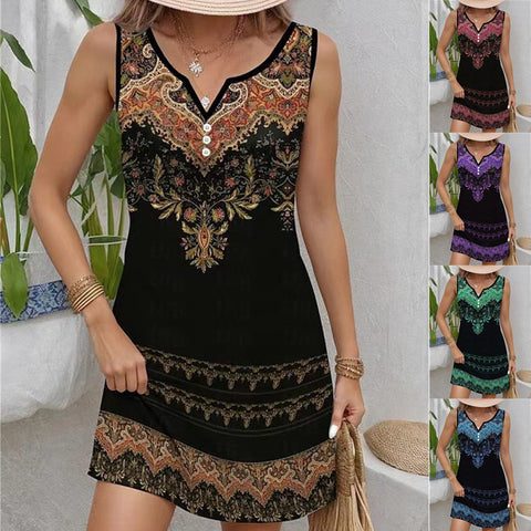 Printed suspender fashion casual V-neck button sleeveless dress m300105