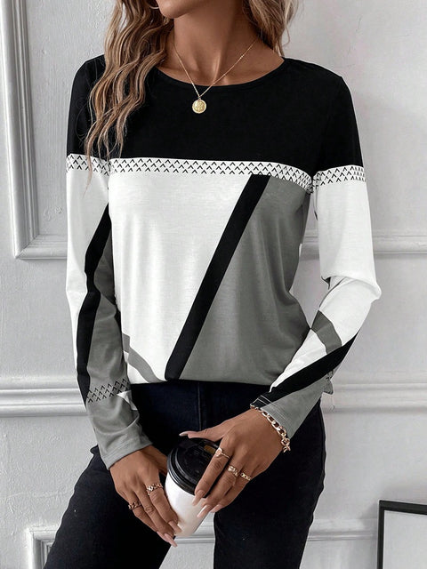 Pullover round neck contrasting color splicing geometric printed top women's T-shirt m300874