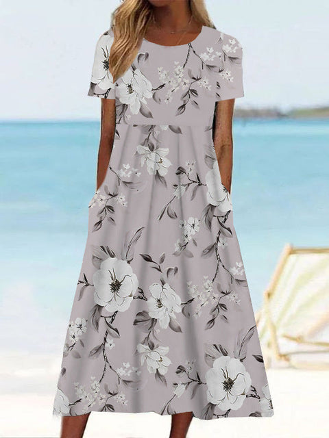 Summer new mid-waist ladies & casual round neck printed swing dress m300040