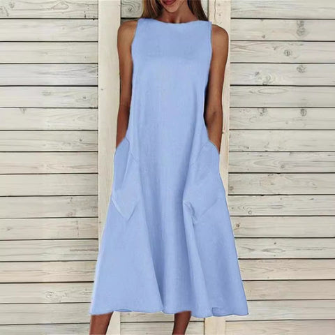 round Neck Sleeveless Double Pocket Dress M300157