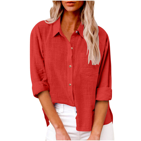 Autumn pocket long-sleeved women's cotton and linen shirt m300463