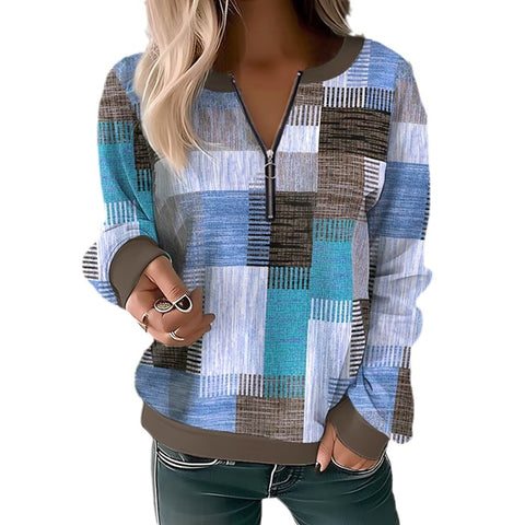 Printed V-neck zipper loose knitted shirt m300663