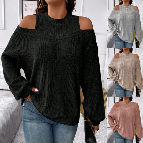 Casual Solid Color off-the-Shoulder Fashion Loose-Fitting Long Sleeves T-shirt Knitted Top M300351