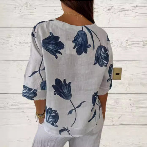 Printed cotton and linen V-neck short sleeved pullover shirt m300056