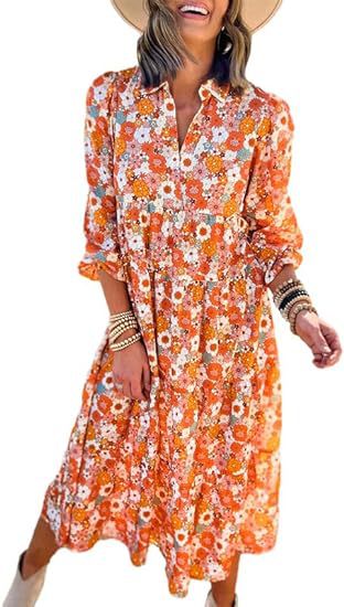 Loose long-sleeved V-neck women's bohemian floral elegant A-shaped dress m300573