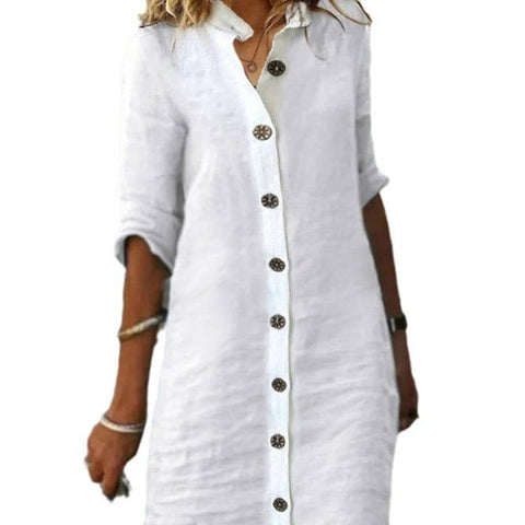 Shirt Collar Half Sleeve Large round Buckle Cotton and Linen Dress M300218